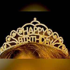 Tiara Happy Birthday on princess crown w/white crystals ongold color metal frame